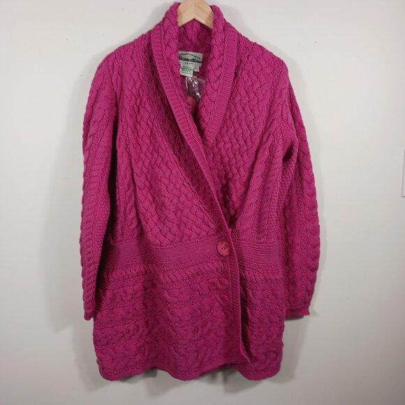 NWOT Aran Crafts Ireland 100% Merino Wool Long Cardigan Pink, SZ Large Lagenlook - Picture 4 of 16